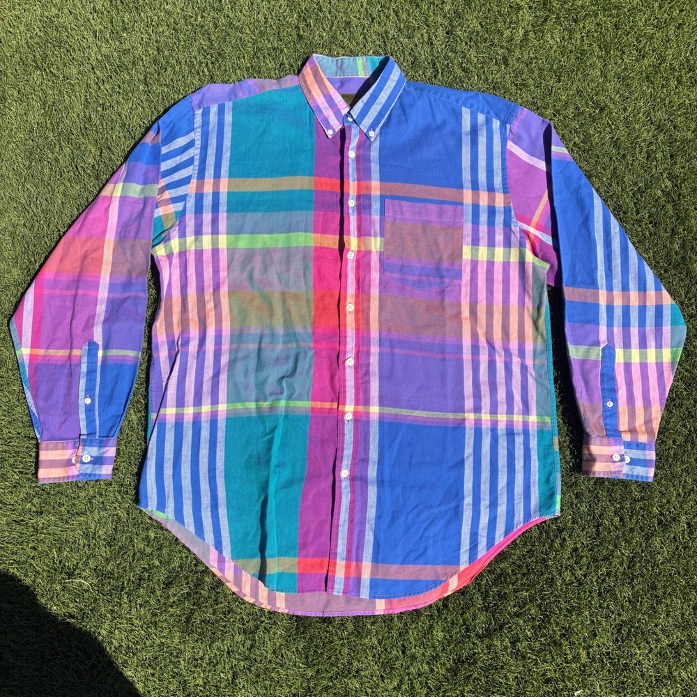 Evergreen Mens XXL Plaid Button Down Shirt Long Sleeve Multi Color Retro 90s